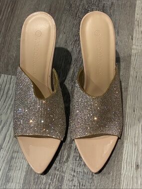 Wild Diva Nude Pointed Mule with Silver Rhinestone Upper
